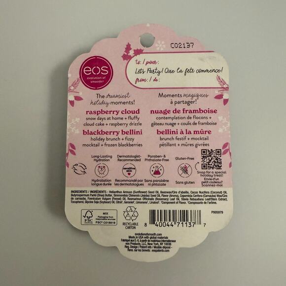 Eos Holiday Collection Raspberry Cloud Blackberry Bellini Lip Balm 2 Pack - Picture 2 of 4